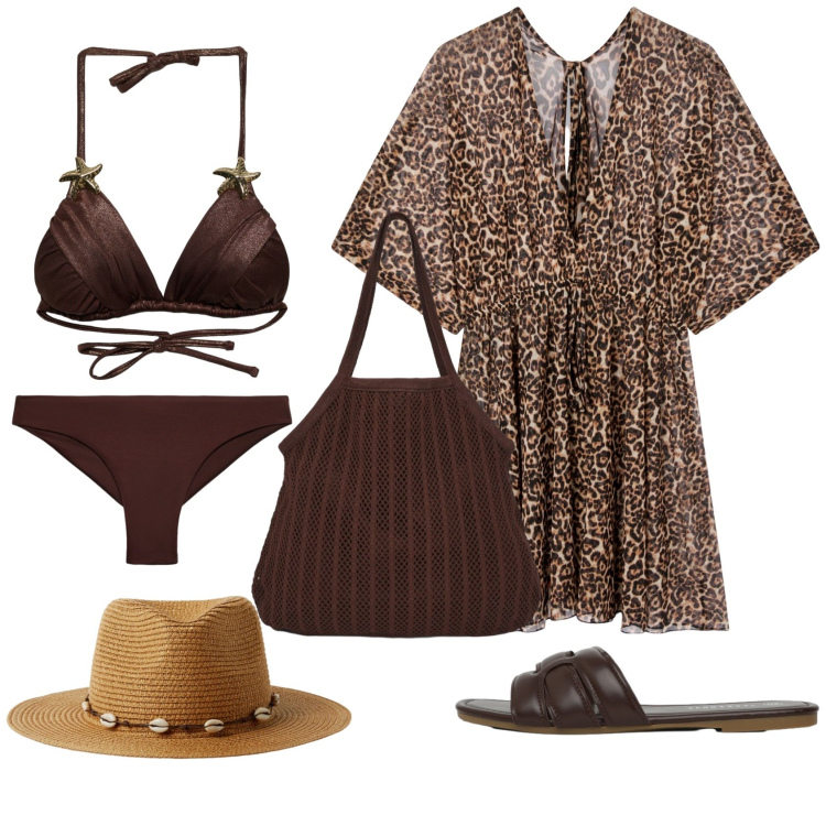Outfit donna - Audace al lido. Stile Sexy Abbinamento con bikini, bikini, cappelli, vestiti da spiaggia, shopping bag, ciabatte.