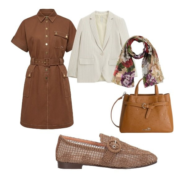 Outfit donna - pronti per il caldo. Stile Casual chic per Tutti i giorni. Abbinamento con sciarpe, mocassini, blazer, borse a mano, vestiti chemisier.