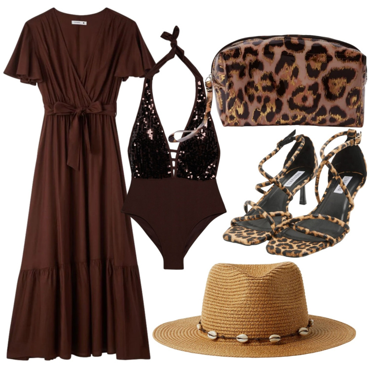 Outfit donna - Pronta per il sole. Stile Glamour per Mare. Abbinamento con vestiti lunghi, costumi interi, cappelli, pochette, sandali col tacco.