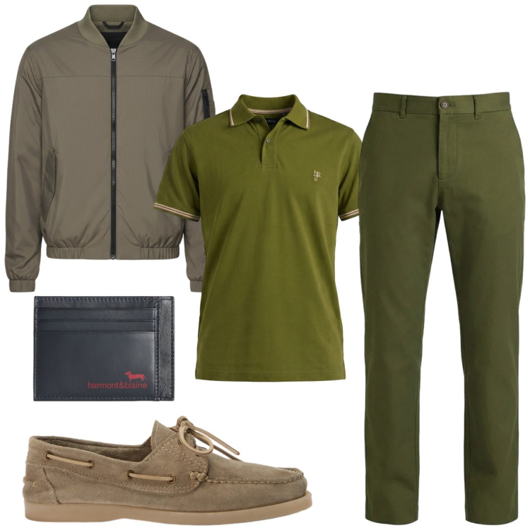 Outfit uomo - Total look #2379363. Stile Urban per Tutti i giorni. Abbinamento con portafogli, scarpe stringate, polo, pantaloni, bomber.
