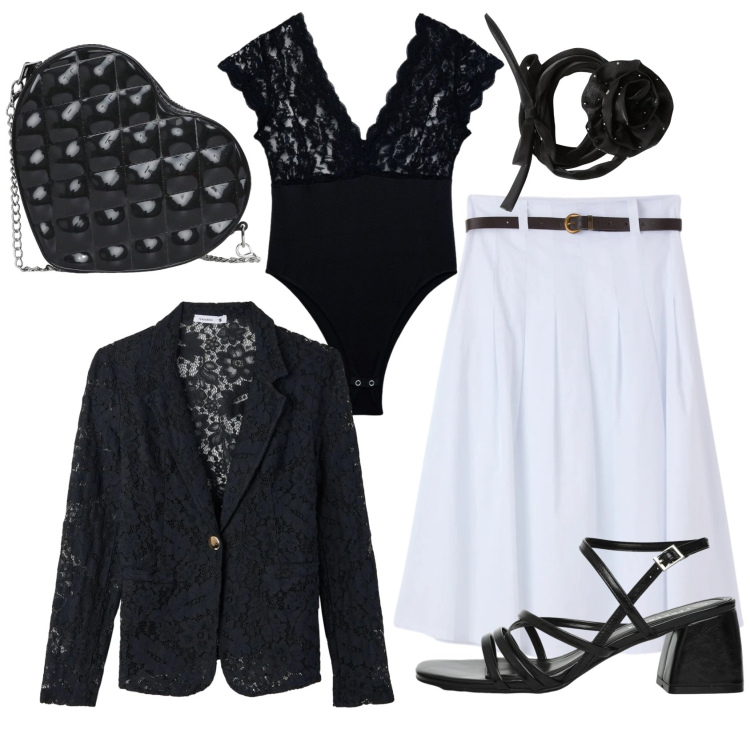 Outfit donna - Chic. Stile Chic per Tutti i giorni. Abbinamento con top, gonne longuette, blazer, sandali col tacco, collane, borse a tracolla.