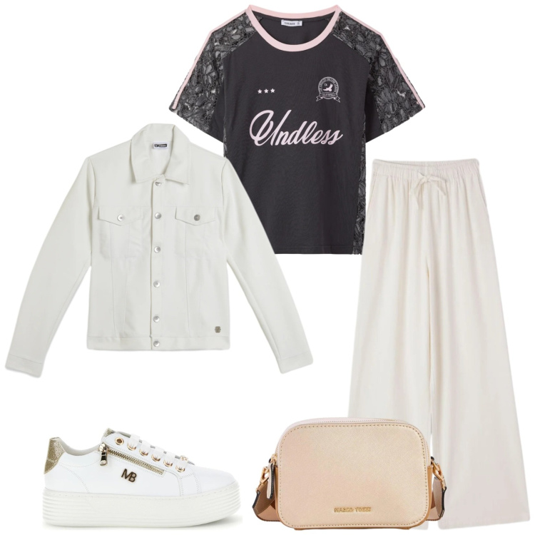 Outfit donna - Total look #2379369. Stile Casual per Tutti i giorni. Abbinamento con borse a tracolla, pantaloni, t-shirt, giacche, sneakers.