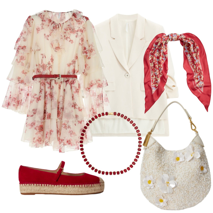 Outfit donna - Primavera fatta. Stile Romantica per Tutti i giorni. Abbinamento con vestiti corti, blazer, espadrillas, pochette, collane, foulard.