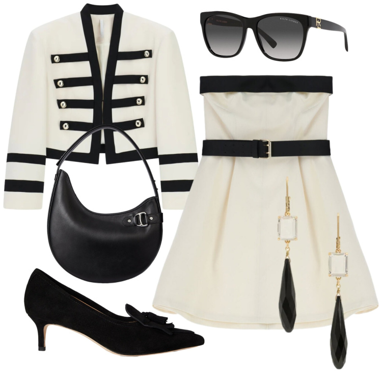 Outfit donna - In coordinato. Stile Chic per Cerimonia. Abbinamento con vestiti corti, blazer, occhiali da sole, décolleté, orecchini, borse a spalla.