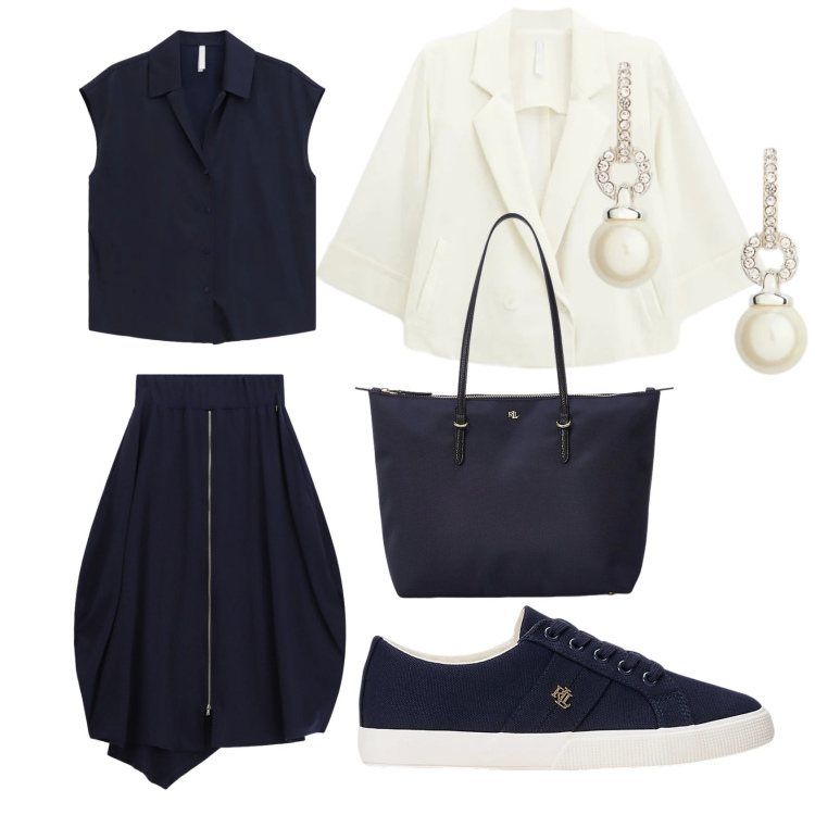 Outfit donna - In barca con stile. Stile Casual chic per Mare. Abbinamento con gonne longuette, camicie a manica corta, blazer, sneakers, orecchini, borse tote.