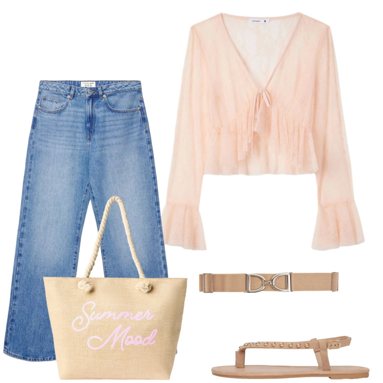 Outfit donna - Estate Romantica. Stile Casual chic per Tutti i giorni. Abbinamento con ciabatte, bluse, cinture, borse tote, jeans dritti.