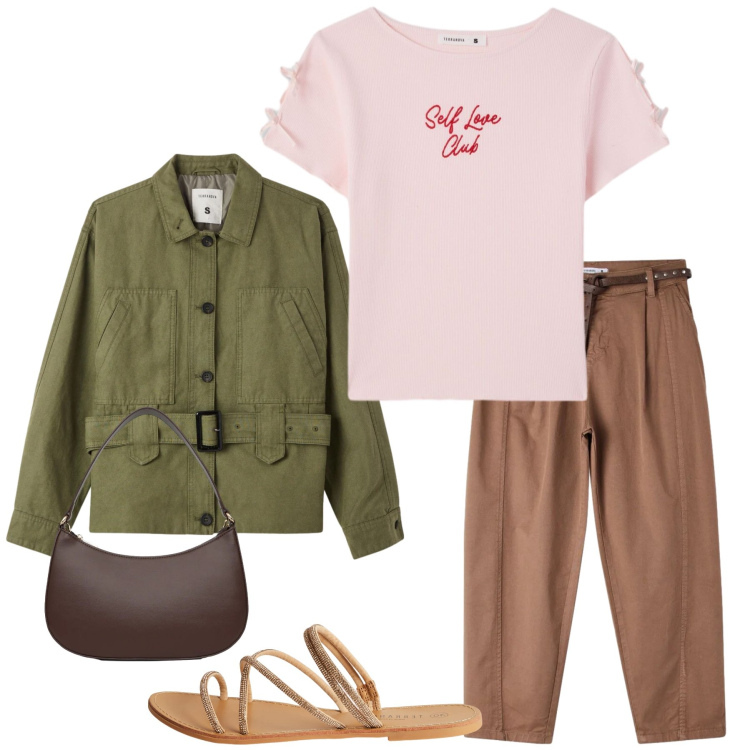 Outfit donna - Utility Love. Stile Casual chic per Tutti i giorni. Abbinamento con cappotti, pantaloni, sandali, t-shirt, borse a tracolla.