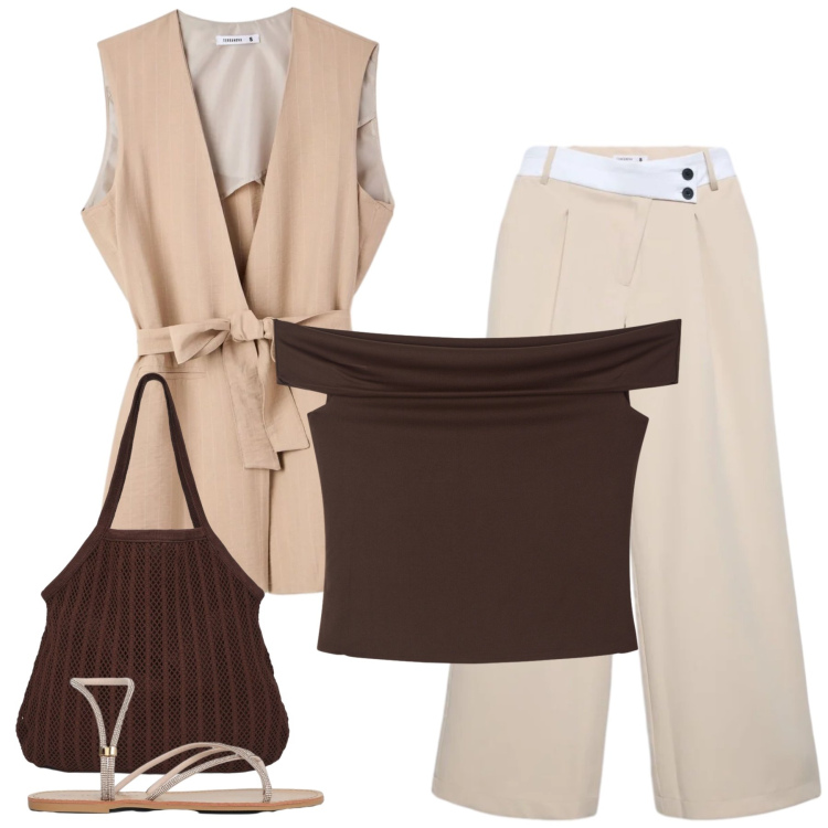 Outfit donna - Chic d\'Ufficio Moderno. Stile Casual chic per Ufficio. Abbinamento con top, pantaloni, shopping bag, sandali, gilet.