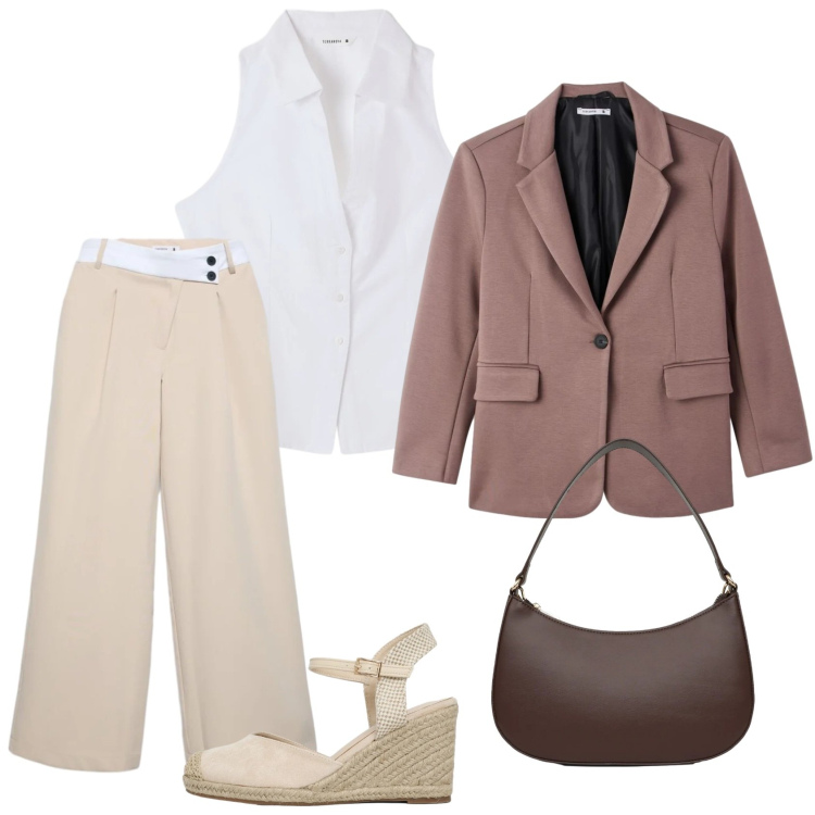 Outfit donna - Total look #2379378. Stile Casual chic per Ufficio. Abbinamento con pantaloni, blazer, top, zeppe, borse a tracolla.