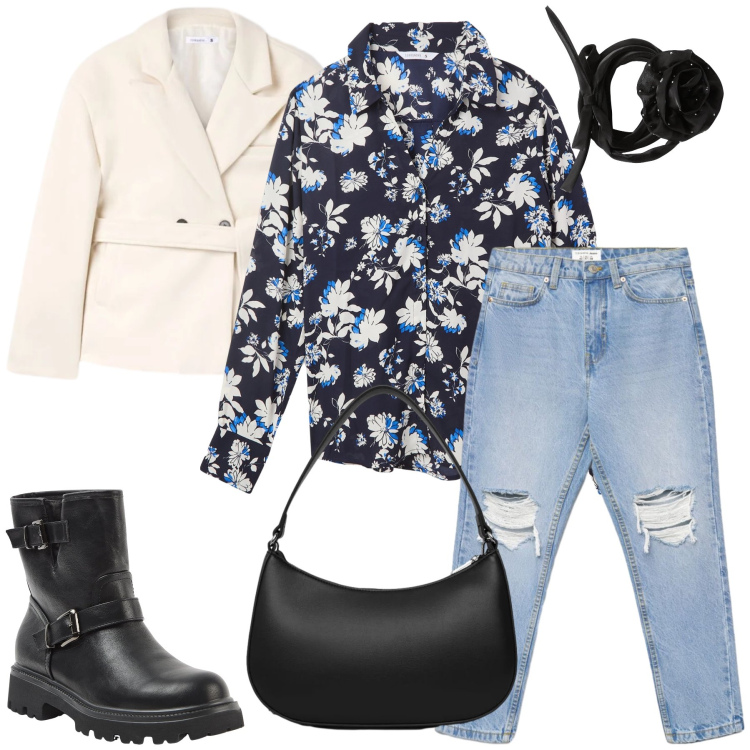 Outfit donna - Urban Flower Power. Stile Casual chic per Tutti i giorni. Abbinamento con camicie, collane, stivaletti, jeans mom, borse a tracolla, blazer.
