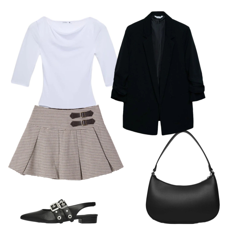 Outfit donna - Total look #2379380. Stile Casual chic per Ufficio. Abbinamento con t-shirt, minigonne, ballerine, blazer, borse a tracolla.