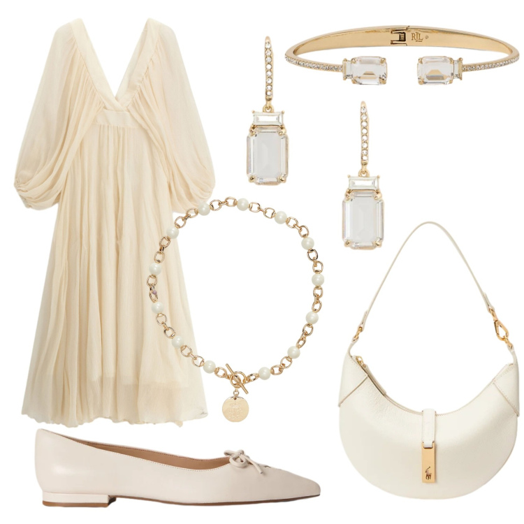 Outfit donna - Fluttuosa. Stile Romantica per Tutti i giorni. Abbinamento con vestiti lunghi, braccialetti, borse a spalla, collane, orecchini, ballerine.