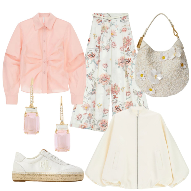 Outfit donna - Floreal mood. Stile Romantica per Tutti i giorni. Abbinamento con pantaloni a palazzo, camicie, bomber, orecchini, sneakers, pochette.
