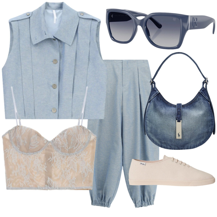 Outfit donna - Sexy casual. Stile Sexy per Tutti i giorni. Abbinamento con pantaloni, canottiere, gilet, borse a spalla, sneakers, occhiali da sole.