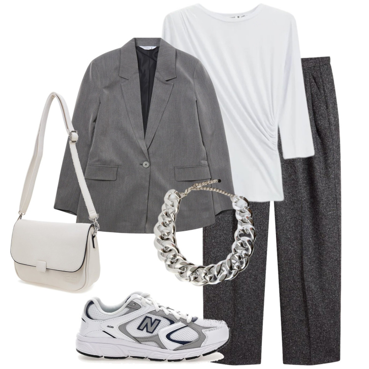 Outfit donna - Comodamente in grigio. Stile Urban per Ufficio. Abbinamento con pantaloni, blazer, collane, top, borse a tracolla, sneakers.