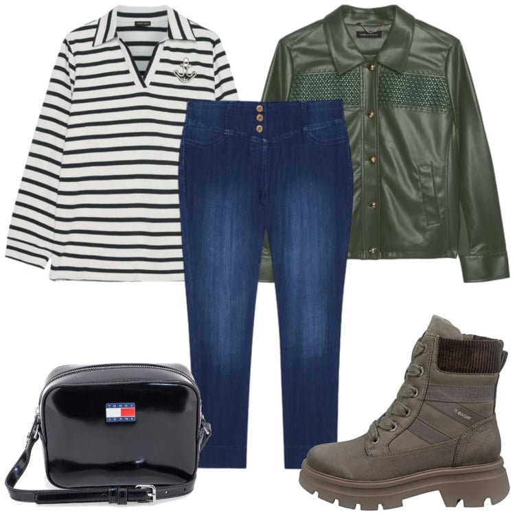Outfit donna - Total look #2379389. Stile Casual per Tutti i giorni. Abbinamento con polo, blazer, jeggings, anfibi, borse a tracolla.