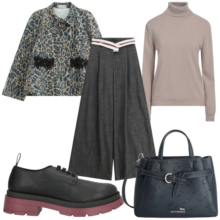 Outfit donna - Total look #2379392. Stile Trendy per Ufficio. Abbinamento con maglieria, scarpe stringate, pantaloni a palazzo, blazer, borse a mano.