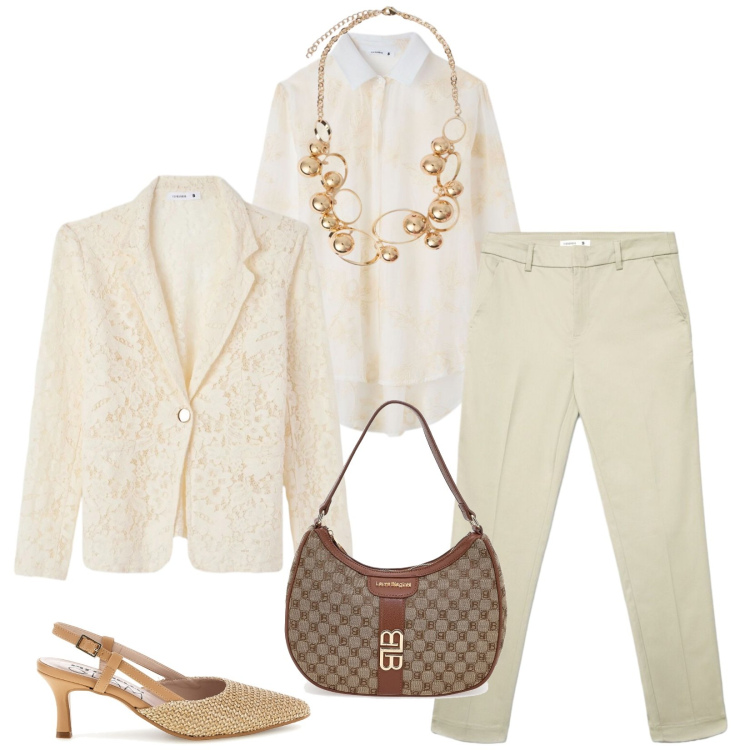 Outfit donna - Total look #2379399. Stile Chic per Ufficio. Abbinamento con blazer, pantaloni skinny, camicie, collane, décolleté, borse a spalla.