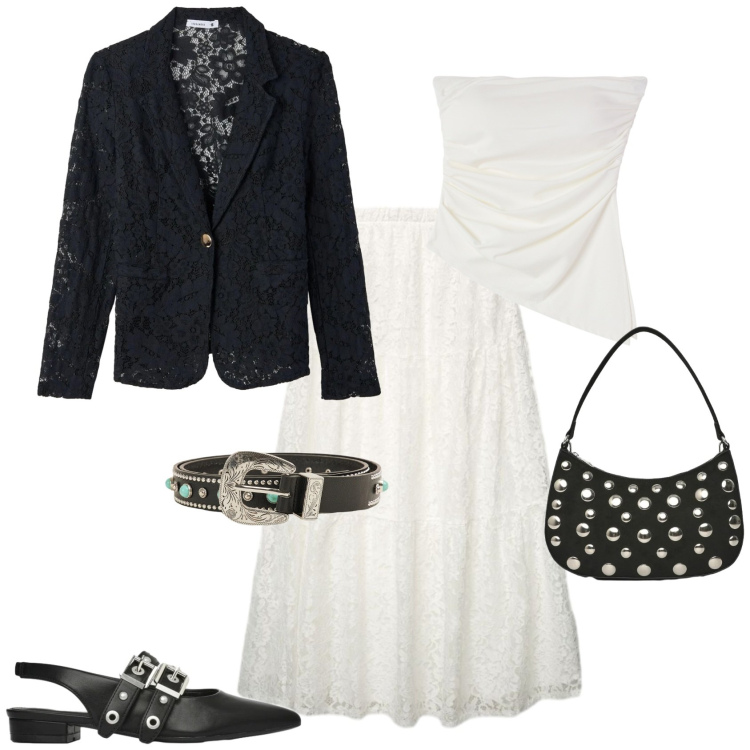 Outfit donna - Romantica cerimonia evento serata. Stile Romantica per Serata fuori. Abbinamento con gonne lunghe, top, cinture, ballerine, borse a tracolla, blazer.