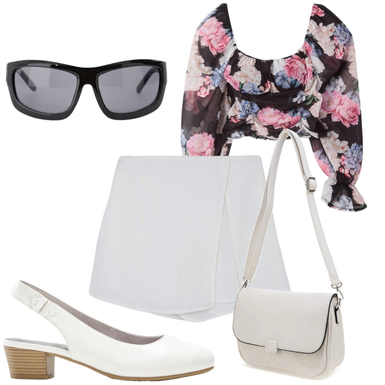 Outfit donna - Total look #2379401. Stile Trendy per Tutti i giorni. Abbinamento con décolleté, bluse, minigonne, occhiali da sole, borse a tracolla.