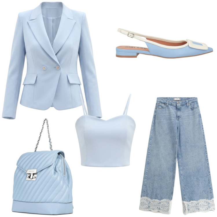 Outfit donna - Guida al romanticismo. Stile Romantica per Tutti i giorni. Abbinamento con zaini, ballerine, jeans, blazer, top.