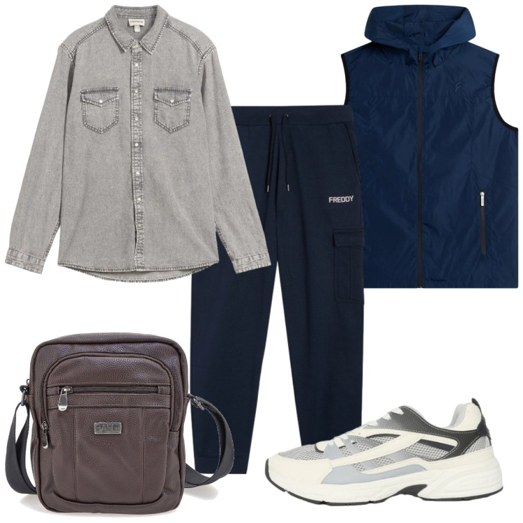 Outfit uomo - Total look #2379403. Stile Trendy per Sport. Abbinamento con camicie, pantaloni cargo, piumini, sneakers, borse sportive.
