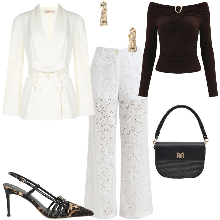 Outfit donna - Romantica chic cerimonia evento serata. Stile Chic per Serata fuori. Abbinamento con décolleté, pantaloni, blazer, bluse, borse a spalla, orecchini.
