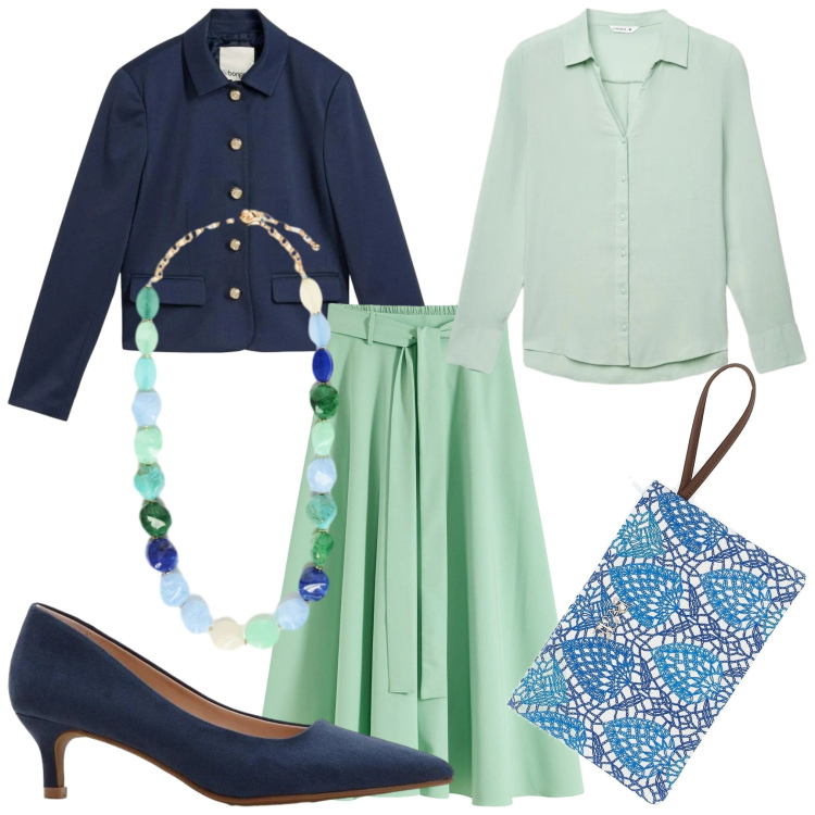 Outfit donna - Cerimonia in primavera. Stile Bon Ton per Cerimonia. Abbinamento con gonne lunghe, blazer, décolleté, camicie, collane, pochette.