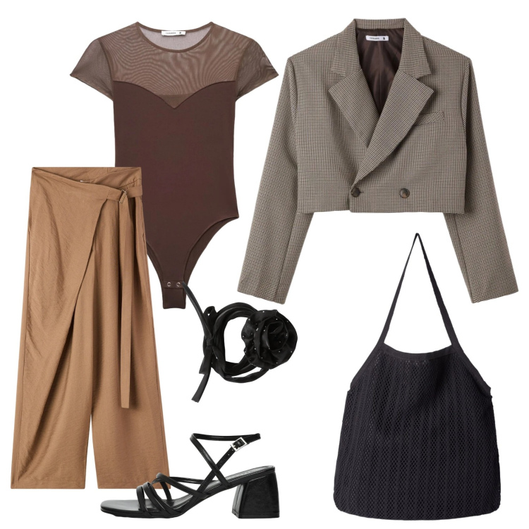 Outfit donna - Total look #2379418. Stile Casual chic per Ufficio. Abbinamento con pantaloni, top, collane, blazer, sandali col tacco, shopping bag.