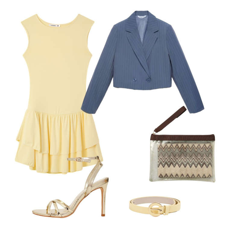 Outfit donna - Total look #2379419. Stile Casual chic per Serata fuori. Abbinamento con blazer, sandali col tacco, cinture, vestiti corti, pochette.