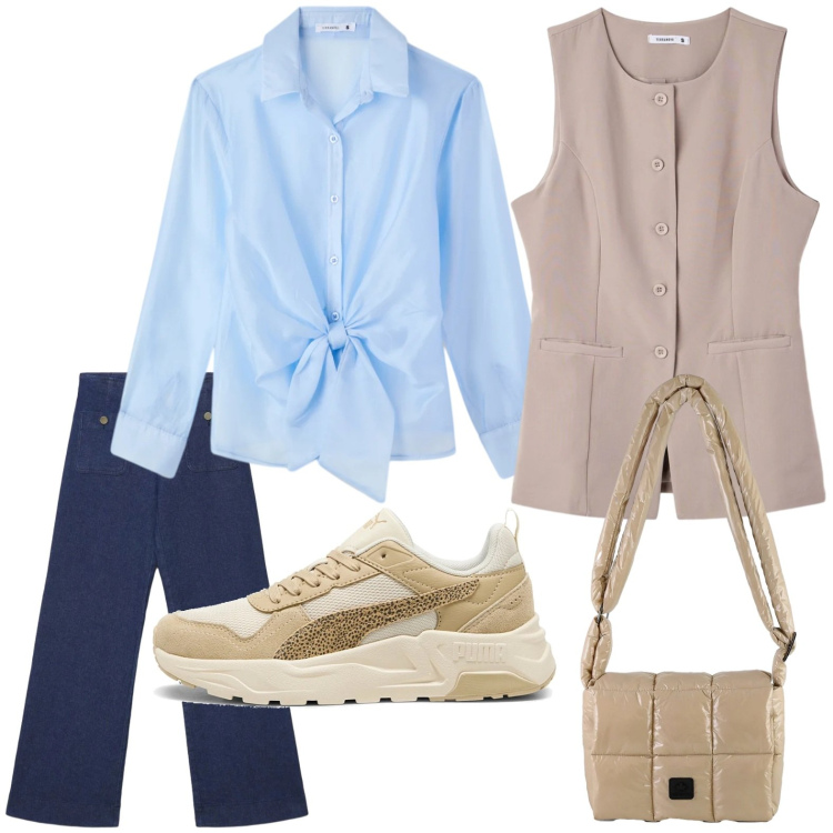 Outfit donna - Camicia e gilet. Stile Glamour per Tutti i giorni. Abbinamento con jeans, camicie, gilet, borse a spalla, sneakers.