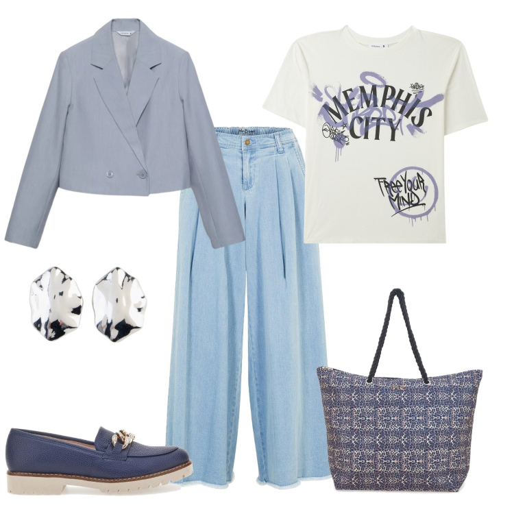 Outfit donna - Total look #2379422. Stile Casual chic per Ufficio. Abbinamento con gonne, orecchini, t-shirt, blazer, mocassini, shopping bag.
