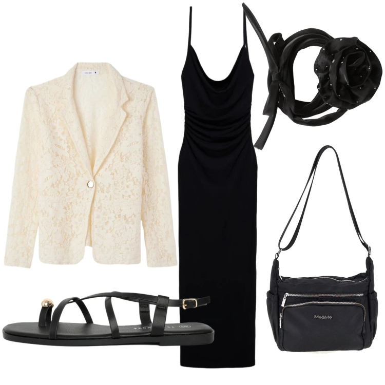 Outfit donna - Blazer in pizzo. Stile Minimal per Serata fuori. Abbinamento con blazer, vestiti lunghi, sandali, collane, borse a tracolla.