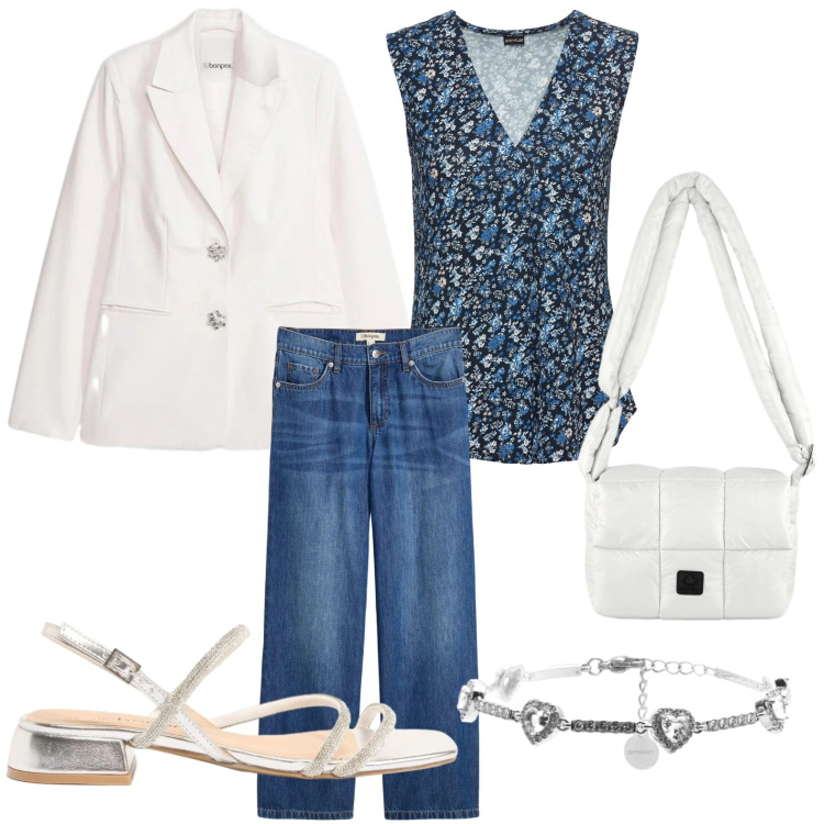 Outfit donna - Bracciale con cuori. Stile Basic per Tutti i giorni. Abbinamento con jeans, blazer, top, sandali, braccialetti, borse a spalla.