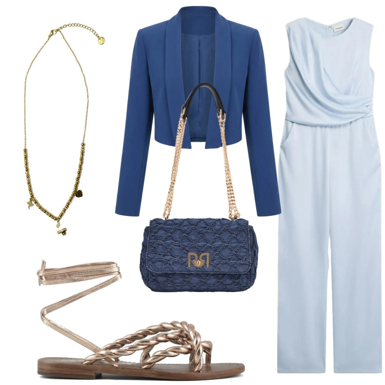 Outfit donna - Tuta versione night. Stile Minimal per Tutti i giorni. Abbinamento con tute, ciondoli, borse a spalla, bolero, sandali in pelle.