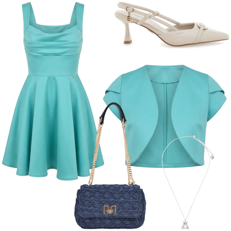 Outfit donna - Cerimonia in ottanio. Stile Chic per Tutti i giorni. Abbinamento con vestiti corti, borse a spalla, bolero, ciondoli, décolleté.