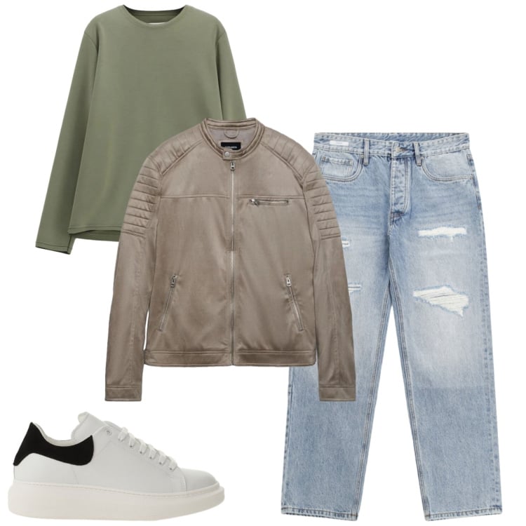 Outfit uomo - Total look #2379444. Stile Casual per Tutti i giorni. Abbinamento con giacche, felpe, sneakers, jeans strappati.