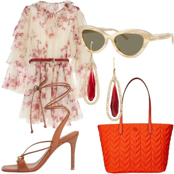 Outfit donna - Imperial primavera 2026. Stile Glamour per Tutti i giorni. Abbinamento con vestiti corti, borse tote, occhiali da sole, sandali in pelle, orecchini.