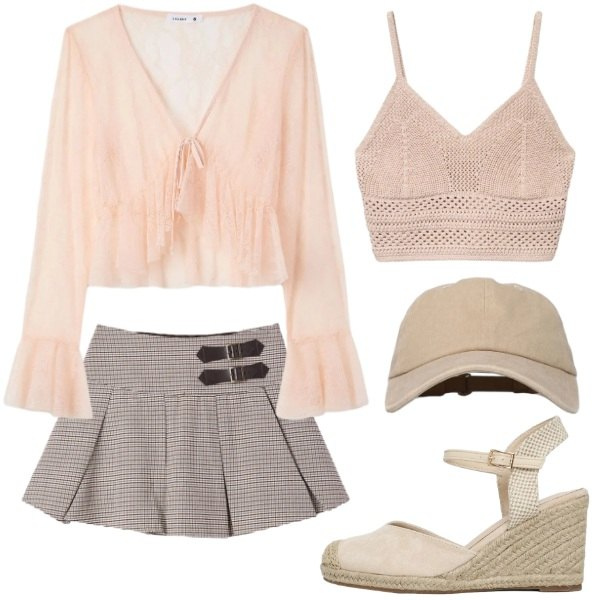 Outfit donna - Aria di Vacanze - Terranova SS26. Stile Trendy per Mare. Abbinamento con zeppe, top, cappelli con visiera, minigonne, bluse.