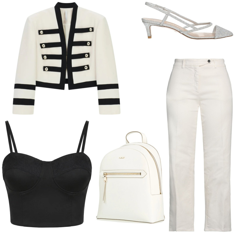 Outfit donna - Trendy. Stile Trendy per Tutti i giorni. Abbinamento con jeans dritti, zaini, décolleté, blazer, top.