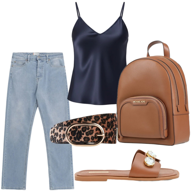 Outfit donna - Minimal chic. Stile Glamour per Tutti i giorni. Abbinamento con zaini, cinture, jeans, canottiere, sandali gioiello.