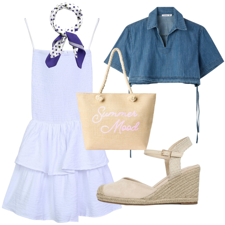 Outfit donna - Calda primavera al mare. Stile Basic per Mare. Abbinamento con vestiti corti, camicie a manica corta, borse tote, foulard, zeppe.