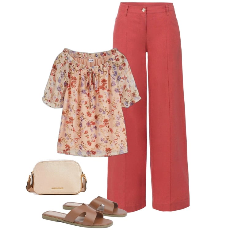 Outfit femme - Blouse fleurie. Style Romantique pour Tous les jours. Assortir avec pantalon large en bas, tuniques, sacs en bandoulière, sandales.