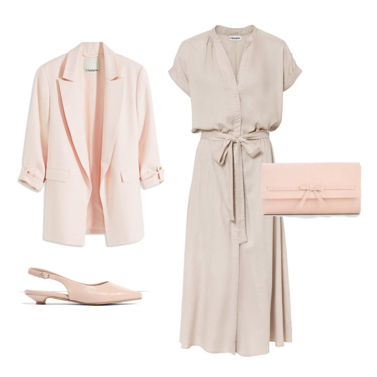 Outfit femme - Beige rosé. Style Chic pour Tous les jours. Assortir avec robes chemisier, pochette, ballerines, blazers.