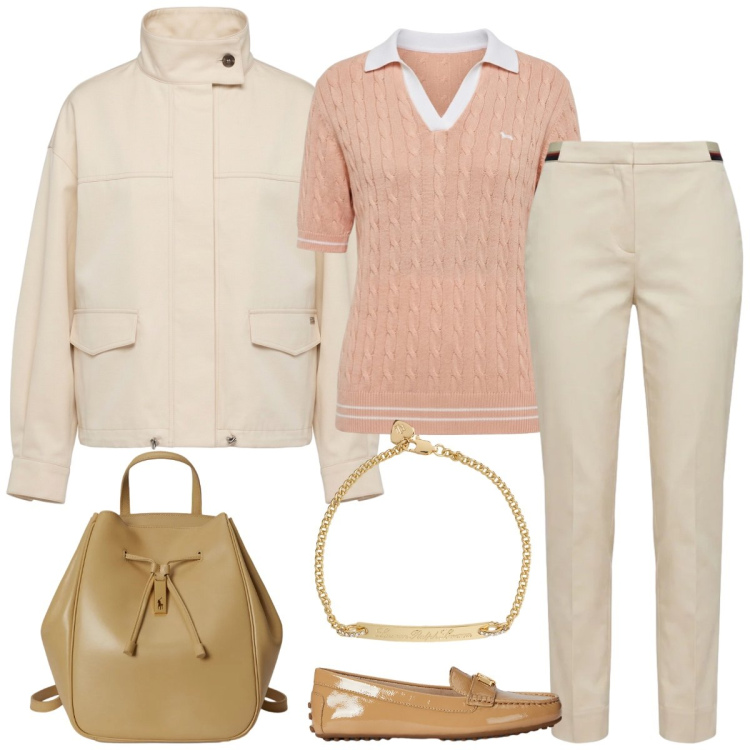 Outfit donna - Total look #2379466. Stile Casual per Tutti i giorni. Abbinamento con pantaloni chino, polo, bomber, mocassini, zaini, braccialetti.