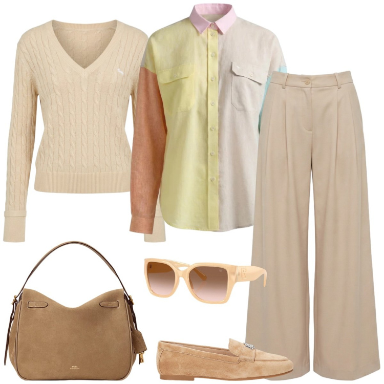 Outfit donna - Total look #2379468. Stile Casual per Tutti i giorni. Abbinamento con pullovers, pantaloni, camicie, mocassini, occhiali da sole, borse a mano.