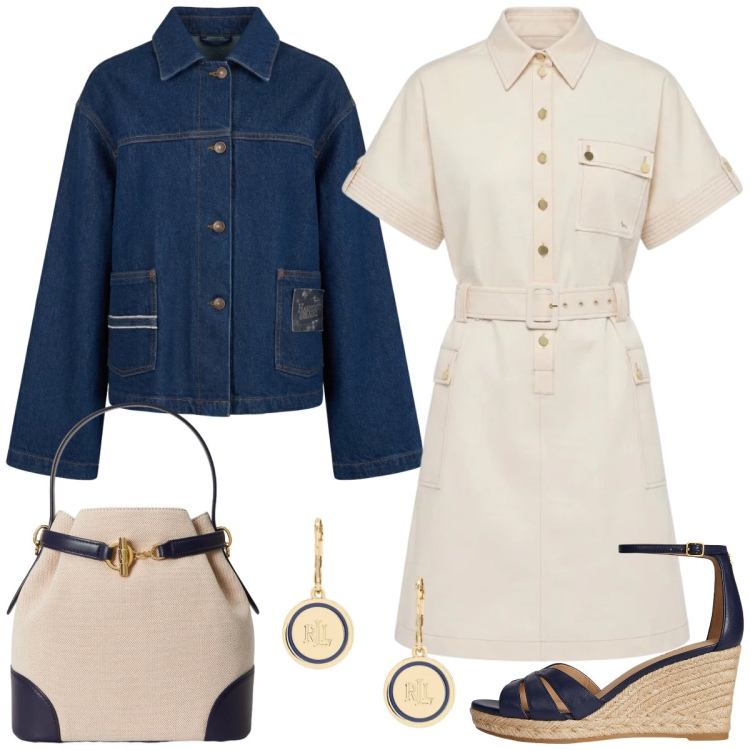 Outfit donna - Total look #2379473. Stile Casual chic per Tutti i giorni. Abbinamento con vestiti chemisier, cappotti, zeppe, borse a secchiello, orecchini.