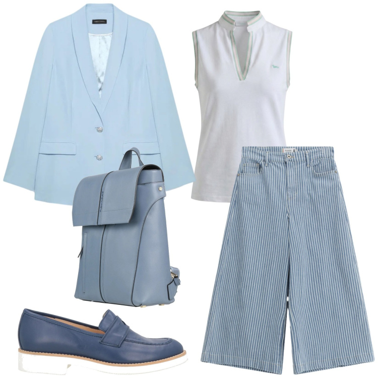 Outfit donna - Total look #2379492. Stile Casual chic per Tutti i giorni. Abbinamento con mocassini, zaini, blazer, jeans, polo.