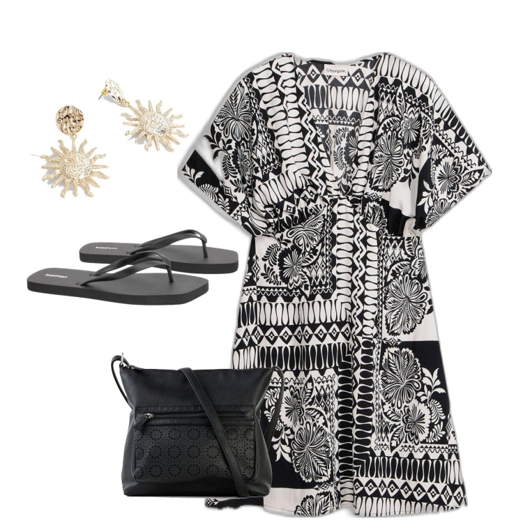 Outfit femme - Robe imprimée. Style Boho pour Tous les jours. Assortir avec sacs en bandoulière, robes courtes, boucles d'oreilles, tong.