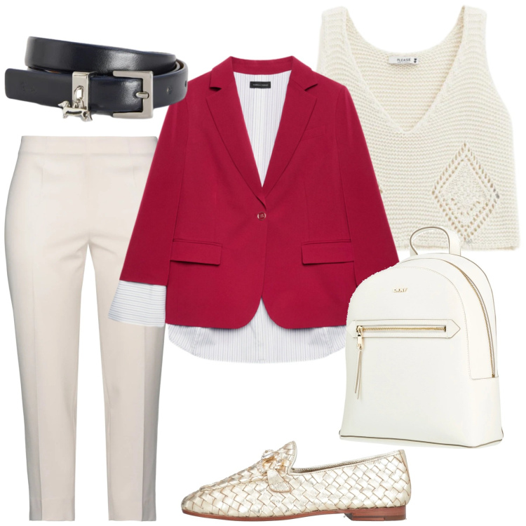 Outfit donna - Total look #2379500. Stile Casual chic per Ufficio. Abbinamento con pantaloni, mocassini, zaini, blazer, top, cinture.